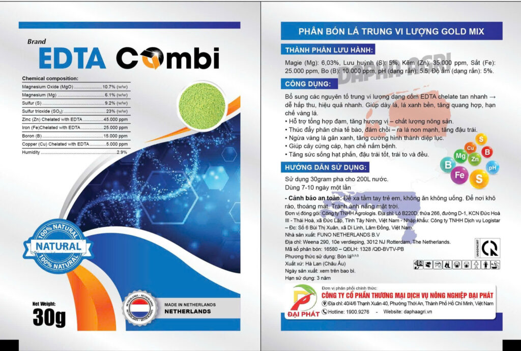 Phân bón lá trung vi lượng Gold Mix nhập khẩu Hà Lan, dạng cốm EDTA Chelate giúp cây hấp thu cực nhanh. Giải pháp xanh lá, lớn trái, chống vàng lá từ Nông nghiệp Đại Phát.
